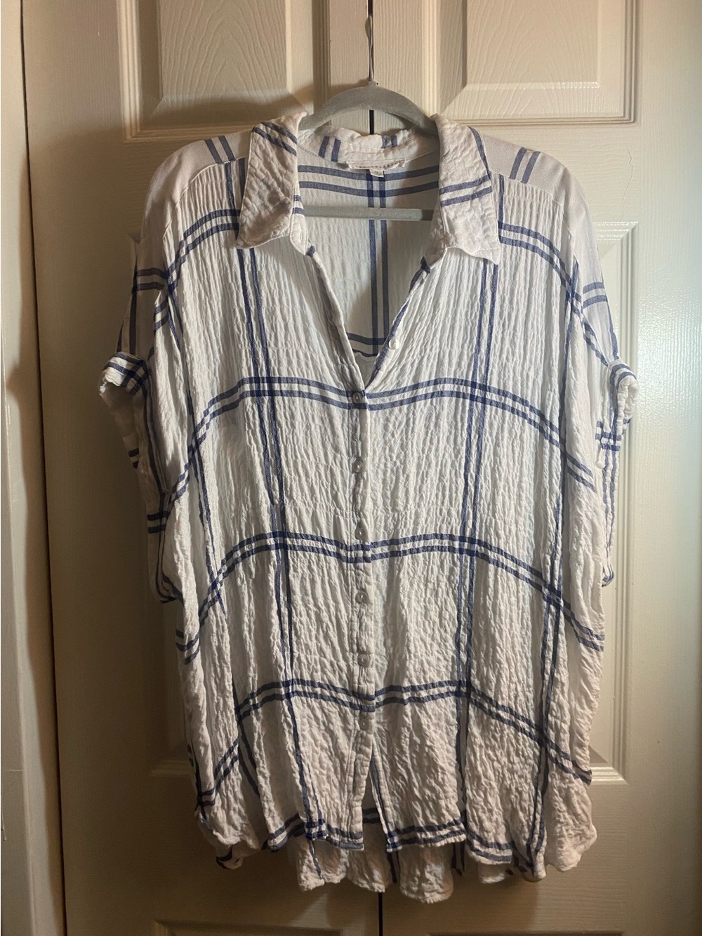 Jane and Delancey White Button-Down Top with Blue Plaid